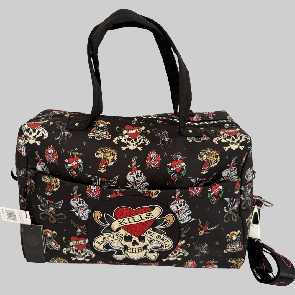 Ed Hardy Love Kills Slowly Y2K Look Tattoo Tiger Skull Duffel Bag Carry On Purse